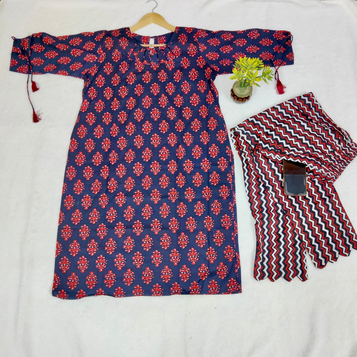 Navy blue &  Red block print kurti set with sleeve tassel, inserted side pockets for top n bottom.