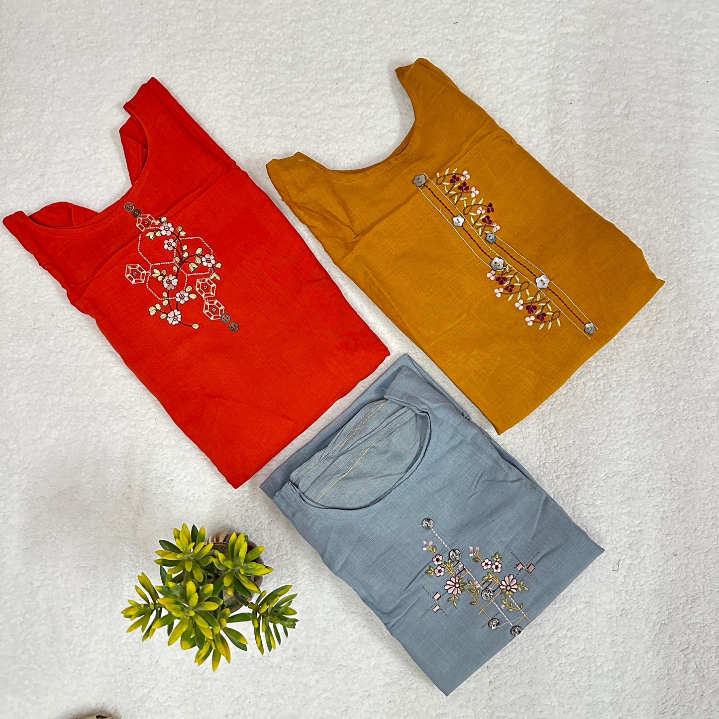 Cotton Linen 2 Piece Kurti with Thread work